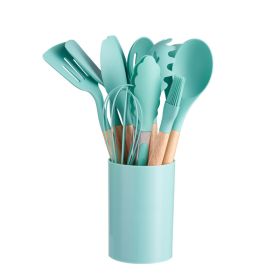 12-piece Silicone Kitchenware With Wooden Handle (Option: Dark Green-12pcs Set)