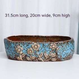 Succulent Flower Pot Shallow Mouth Oval Rectangular Large Diameter Platter Porcelain Simple Retro Stoneware (Option: Five Golden Flowers And Blue-As Shown In The Figure)