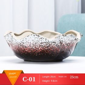 Succulent Flower Pot Shallow Mouth Oval Rectangular Large Diameter Platter Porcelain Simple Retro Stoneware (Option: Red Gold Big Lotus Leaf-As Shown In The Figure)